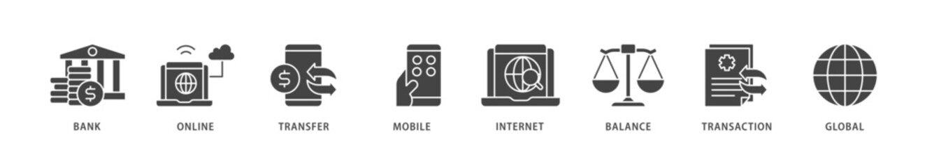 Online banking icons set collection illustration of account, online payment, transfer funds, mobile banking, internet banking, balance check icon live stroke and easy to edit 