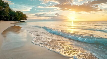 Golden sunrise casting a warm glow over a tranquil beach with soft waves.
