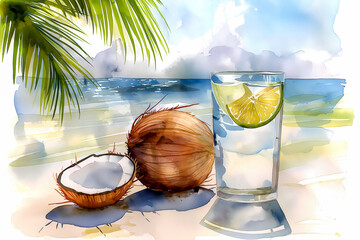Coconut cocktail with lime on the beach, vector illustration.