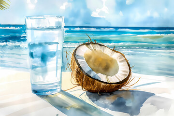 Coconut and a glass of water on the background of the sea