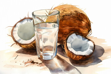 Coconut milk in a glass on a white background. Watercolor illustration