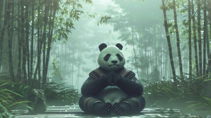 3D cartoon character of a panda doing meditation in bamboo forest.