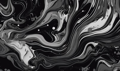 Beautiful Black and White Liquid Swirls with White Particles. Modern Marbling Background. Generative AI.