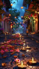 Happy Diwali - Lit diya lamp on street at night. Happy Diwali festival with oil lamp, Diwali holiday Background with rangoli, Diwali celebration greeting card. 3d render