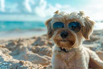 a cute dog with sunglasses on the sand beach on a sunny day enjoying vacation. hot summer day at the sea ocean 