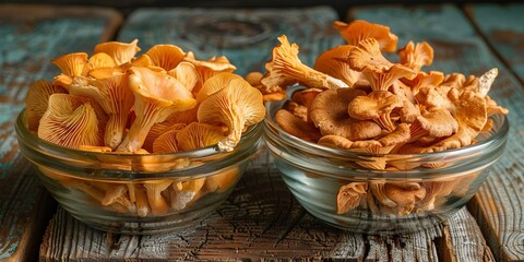 dried and fresh chanterelle on a rustic table next to each other