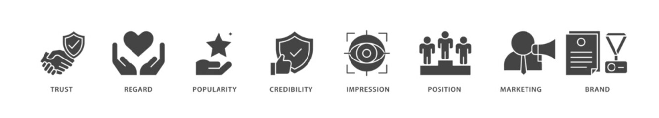 Reputation management icons set collection illustration of brand, marketing, credibility, position, impression, popularity, regard, trust icon live stroke and easy to edit 