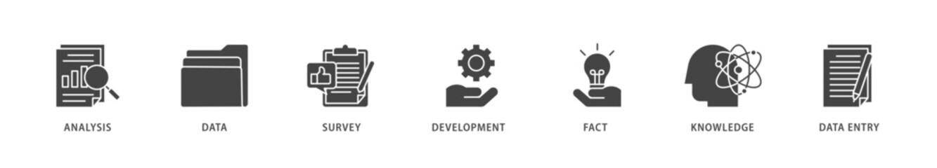 Research icons set collection illustration of analysis, data, survey, development, fact, knowledge and data entry icon live stroke and easy to edit 