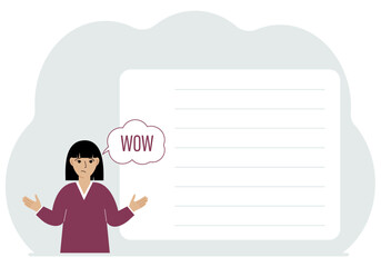 The woman spread his arms to the sides. Cloud with the text WOW. Shock and surprise. Poster with place for text. Vector flat illustration.