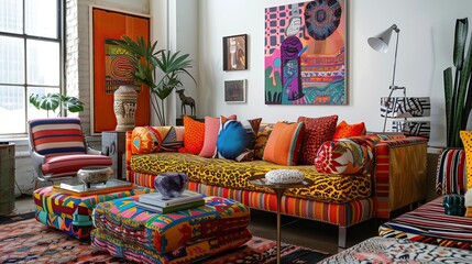 A vibrant living room with bold patterns, colorful throw pillows, and an eclectic mix of furniture.