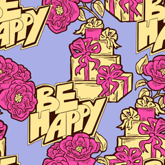 Gift box, ribbon and flowers seamless vector pattern for wrapping present with bow, party celebration, sale promotion, Textile print, fabric design, banner background. Hand drawn style illustration.