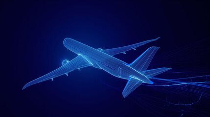 Fototapeta na wymiar Digital neon futuristic airplane. Future aviation, modern technology, air transport concept, travel concept Low poly blue wireframe