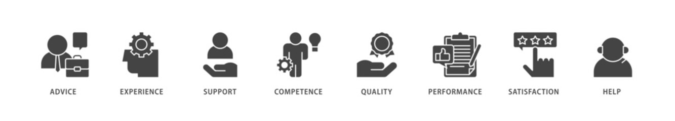 Service icons set collection illustration of advice, experience, support, competence, quality, performance, satisfaction, help, and call center icon live stroke and easy to edit 