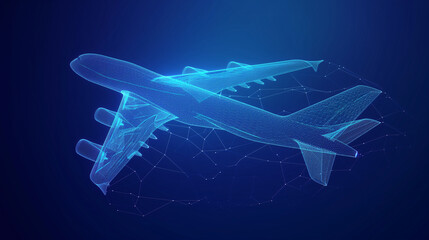 Fototapeta na wymiar 3d Digital neon futuristic airplane. Future aviation, modern technology, air transport concept, travel concept Low poly blue wireframe.