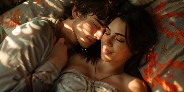 Close up of a couple cudding on a blanket