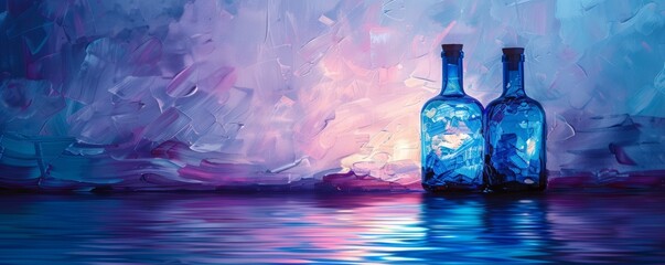 bottles with blue pastel and purple pastel on water