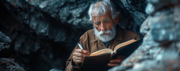 Old man writing his memoir journal in a dark cave.