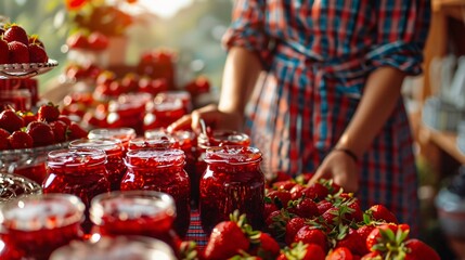 Closeup view of a woman preparing delicious strawberry jam