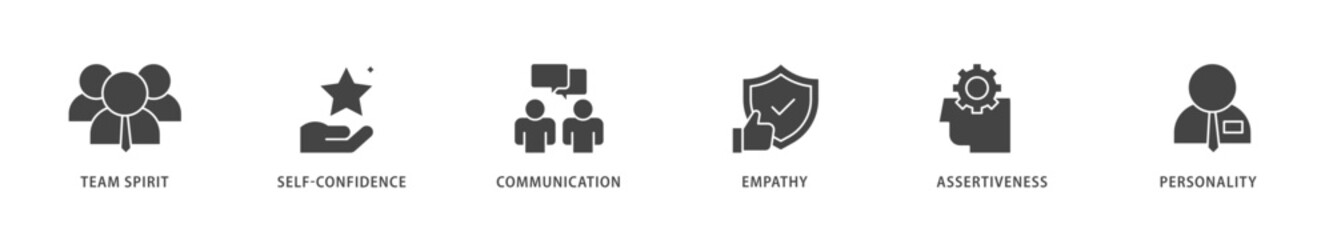 Soft skills icons set collection illustration of team spirit, self confidence, communication, empathy, assertiveness, and personality icon live stroke and easy to edit 