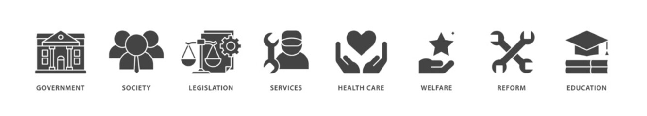 Social policy icons set collection illustration of education, reform, services, welfare, health care ,legislation, society, government icon live stroke and easy to edit 