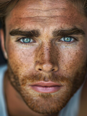 Intense Gaze of a Freckled Young Man With Blue Eyes