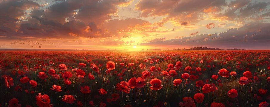 Breathtaking landscape of a poppy field at sunset with the sun dipping low on the horizon, casting a warm glow over the vibrant red flowers - Powered by Adobe