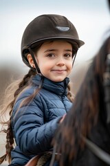 a little girl is learning to ride a horse. selective focus