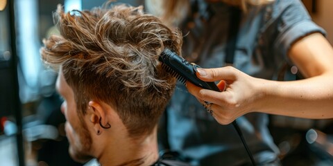 Fototapeta premium Cropped unrecognizable female hairstylist using electric trimmer on male client's hair at salon