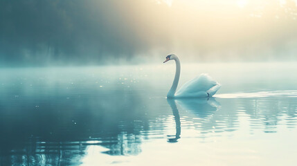 A serene image of a majestic white swan gliding across a calm lake at dawn, with ample copy space in the soft-focus background
