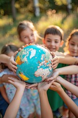 children hold a globe on the background of nature. selective focus