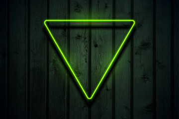 Green neon luminous triangular frame on dark wooden abstract background. Vector futuristic design