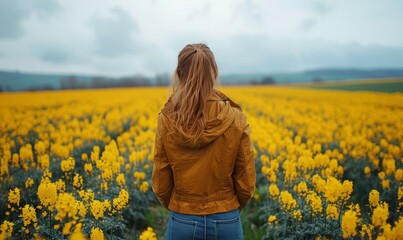 Fototapeta premium Woman with hands in pockets standing in rapeseed field