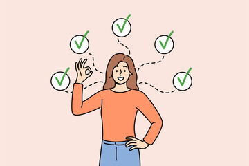Woman shows ok gesture, reporting achievement of all assigned tasks, standing among checkmarks. Girl filled out questionnaire about quality of services provided is busy completing tasks