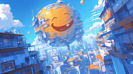 big 3d smile emoji face is above the city