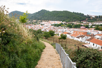 a pedestrian path to the medieval castle with a view over Aracena, province of Huelva, Andalusia, Spain