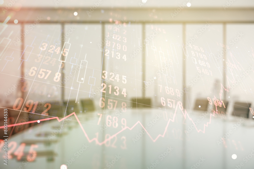 Poster Double exposure of abstract creative statistics data hologram on a modern boardroom background, analytics and forecasting concept