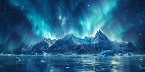 Naklejka premium Blue Aurora Borealis over Rocky Mountains. Magical Northern Lights Background with copy-space.