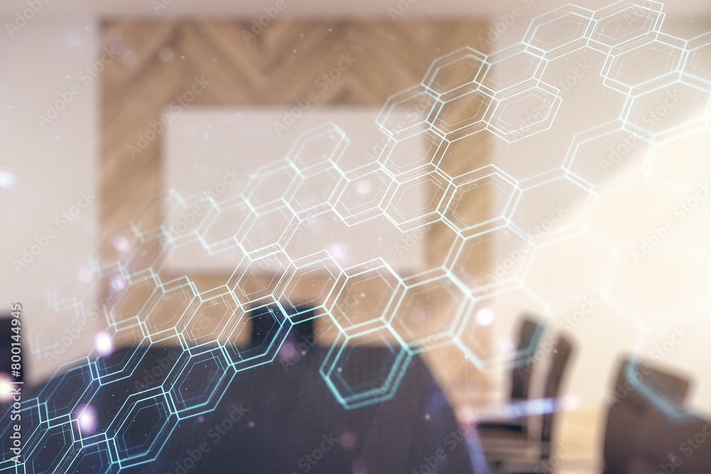 Aufkleber abstract virtual wireless technology hologram with hexagon on a modern coworking room background, ar