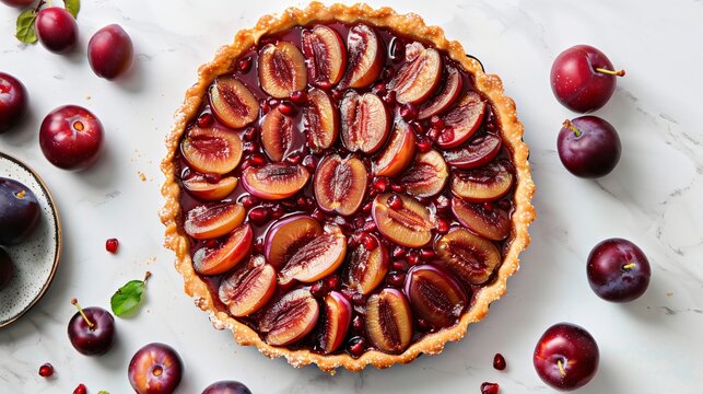 Top view of delicious plum tart on the white background - Powered by Adobe