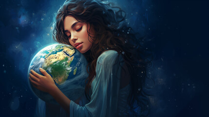 Naklejka premium young woman hugging planet earth, love and protection for the earth 