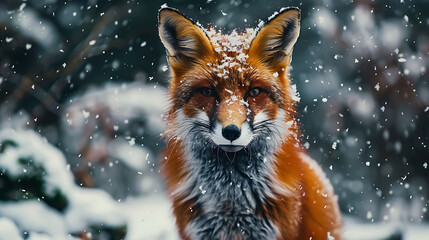  A vivid portrayal of a red fox in a snowy setting, looking directly at the camera, with ample...