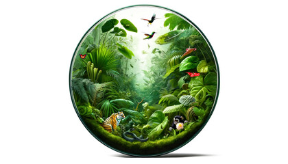 This circular frame showcases a richly detailed rainforest scene, featuring vibrant birds and lush greenery, celebrating the vitality of natural habitats. International Day for Biological Diversity