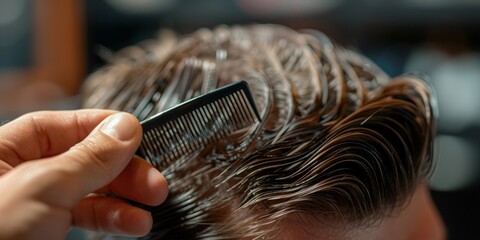 Hairstylist holding comb in male client's hair at salon