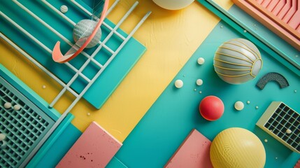 Vibrant Abstract Composition with Assorted Objects on Colorful Background