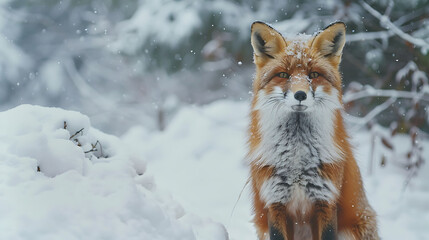 Naklejka na ściany i meble A vivid portrayal of a red fox in a snowy setting, looking directly at the camera, with ample space for text in the snow-covered landscape