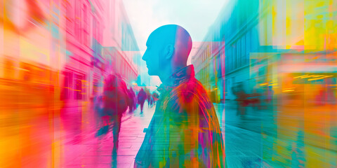 A man stands still as a living contrast to the vibrant, rushing city life captured with a motion blur effect around him