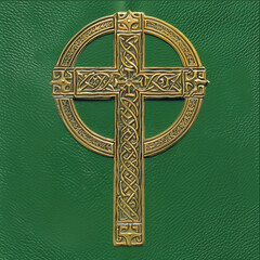 a gold celtic cross on a green background