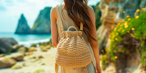 Back view of a woman with a stylish knit bag walking by the sea, surrounded by wildflowers.