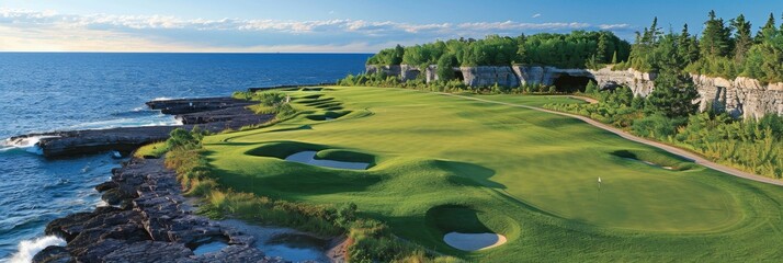 Panoramic golf course on cliffs with rock arches and ocean vistas for breathtaking views