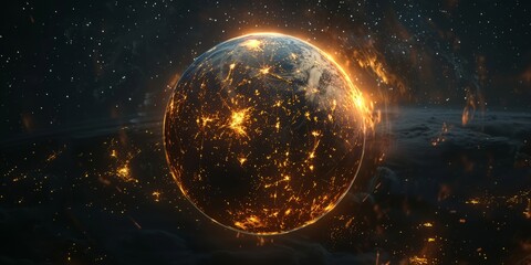 glowing planet with yellow network connecting cities on black background